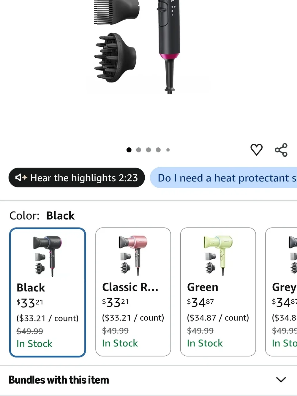 Black Ceramic Hair Dryer with 3 Attachments - Lightweight Fast Drying
